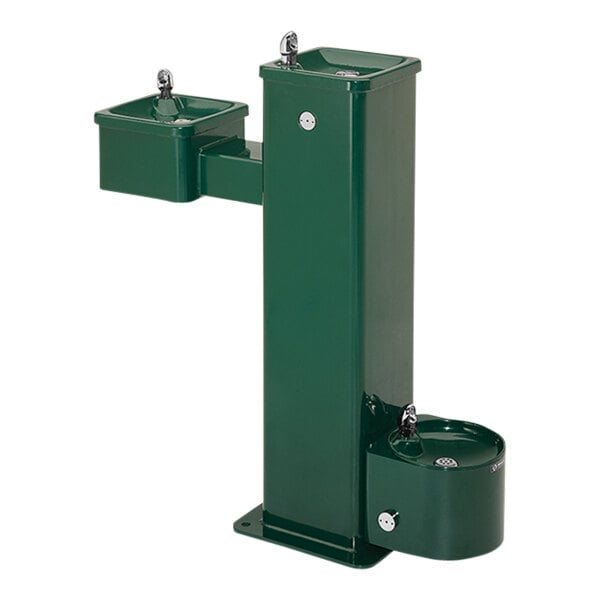 A green Haws dual outdoor pedestal drinking fountain with dog bowl.