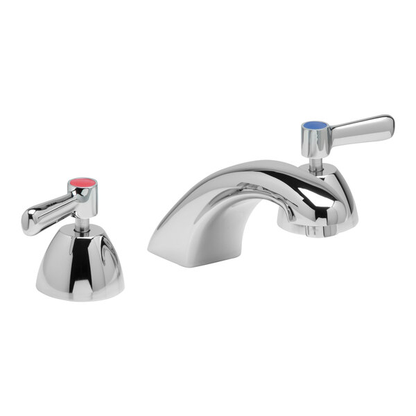 Two Zurn deck-mount faucets with chrome spouts and blue and red lever handles.