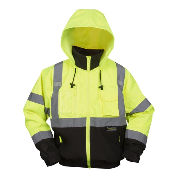 A Cordova lime yellow and black hi-vis safety jacket with reflective stripes and detachable hood.