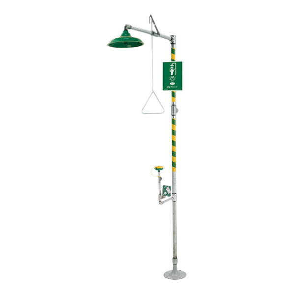 A white and green Haws Axion emergency shower and eye/face wash station with green and yellow accents.