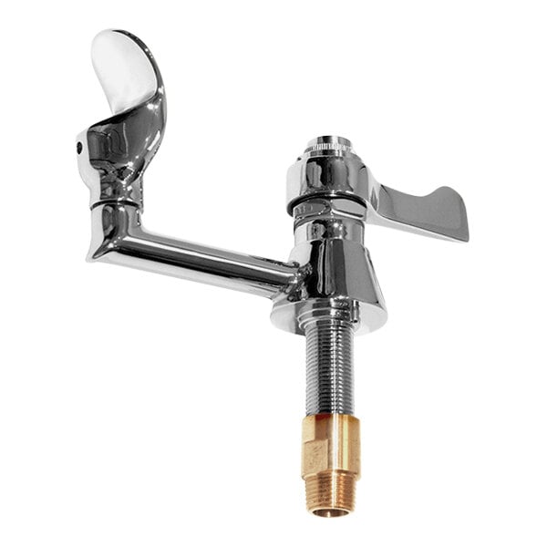 A chrome Haws deck-mount bubbler drinking faucet with a gold handle.