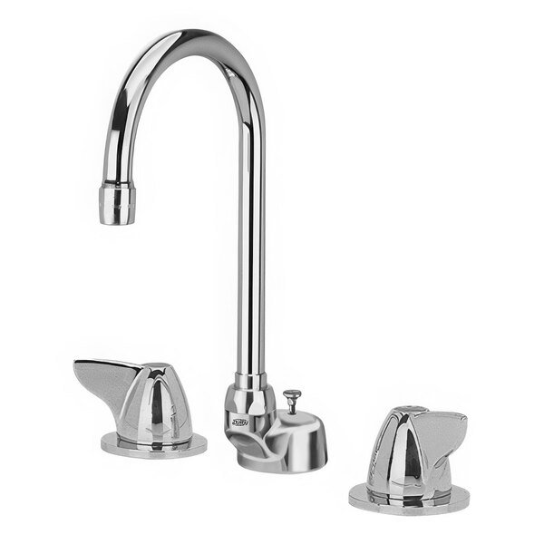 A Zurn deck-mount faucet with gooseneck spout and two lever handles.