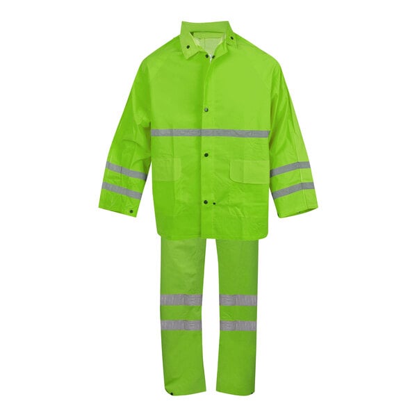 A Cordova lime green rainsuit with reflective stripes on the jacket and pants.