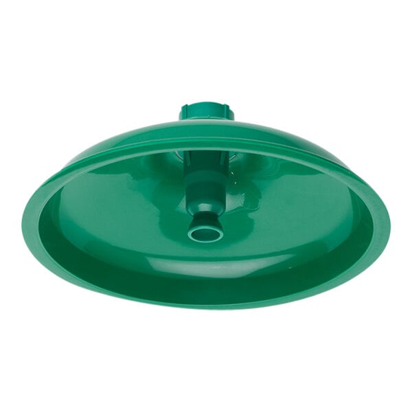 A green ABS plastic Haws showerhead with a hole in it.