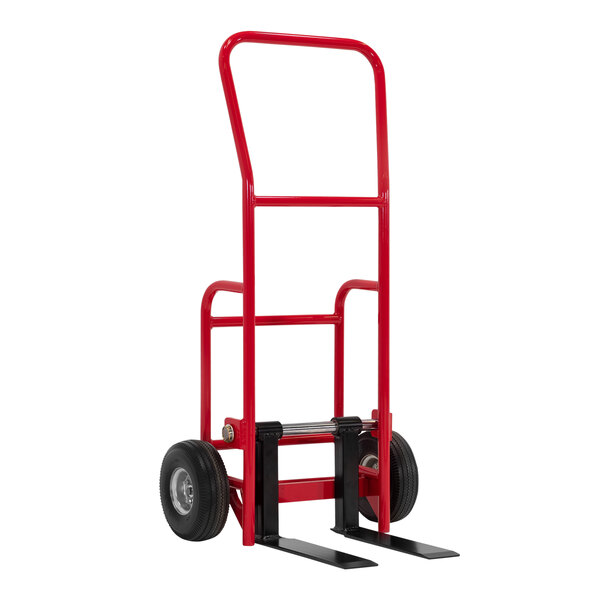 A red hand truck with black wheels.