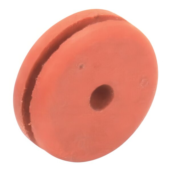 A red silicone grommet with a hole in it.