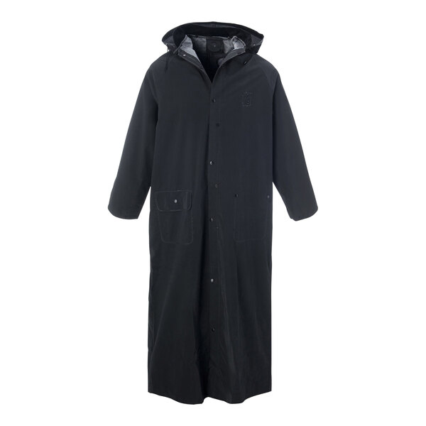 A Cordova black 2-piece riding rain coat with buttons and a hood.