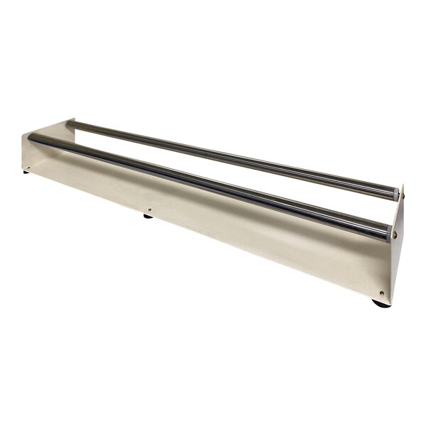A Sealer Sales film roller on a metal rack with two metal rods.