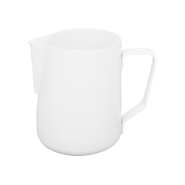 A white Rhino Coffee Gear milk pitcher with a handle.