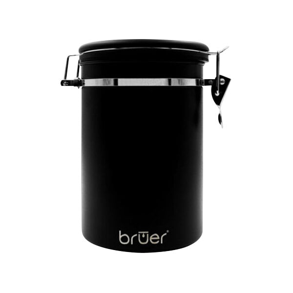 A black metal Bruer coffee vault with a metal lid.