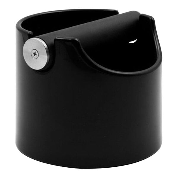 A black Rhino Coffee Gear mini waste bin with a silver screw on the curved edge.