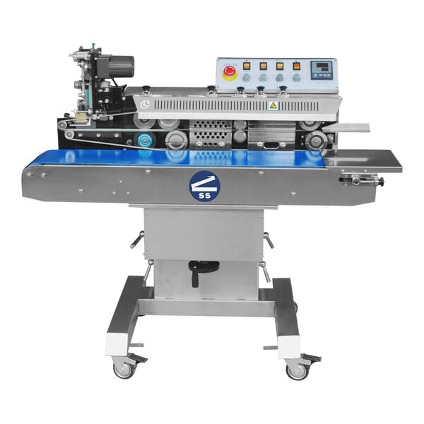 A Sealer Sales horizontal band sealer with a tilt head and color ribbon on wheels with buttons and switches.