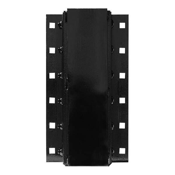 A black rectangular steel-faced dock bumper with four holes.