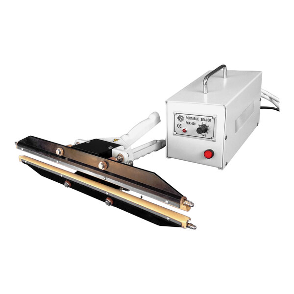 A white Sealer Sales portable double impulse sealer with a black handle.