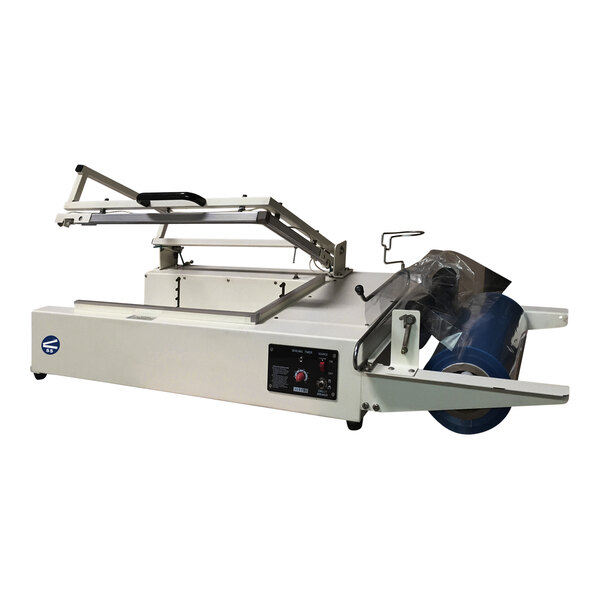 A Sealer Sales L-Bar Sealer on a white work table.