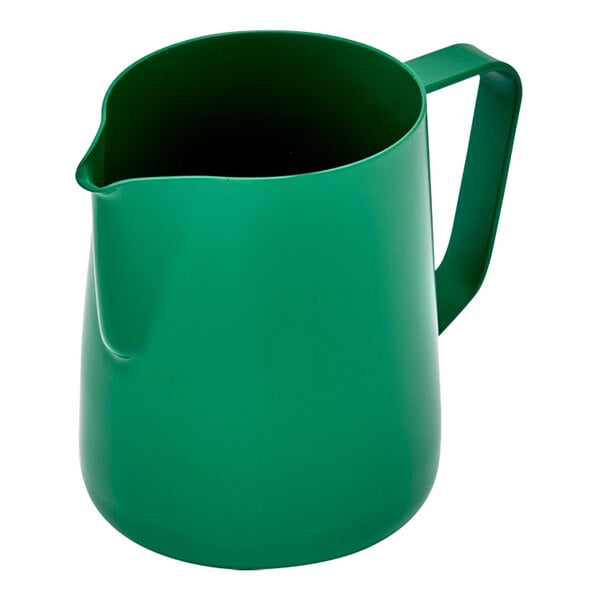 A Rhino Coffee Gear green milk pitcher with a handle.