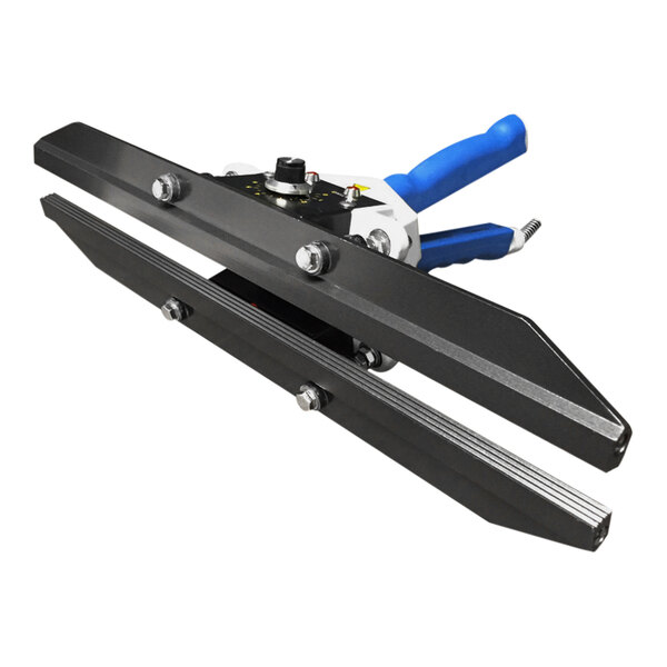 A blue and white Sealer Sales portable direct heat sealer.