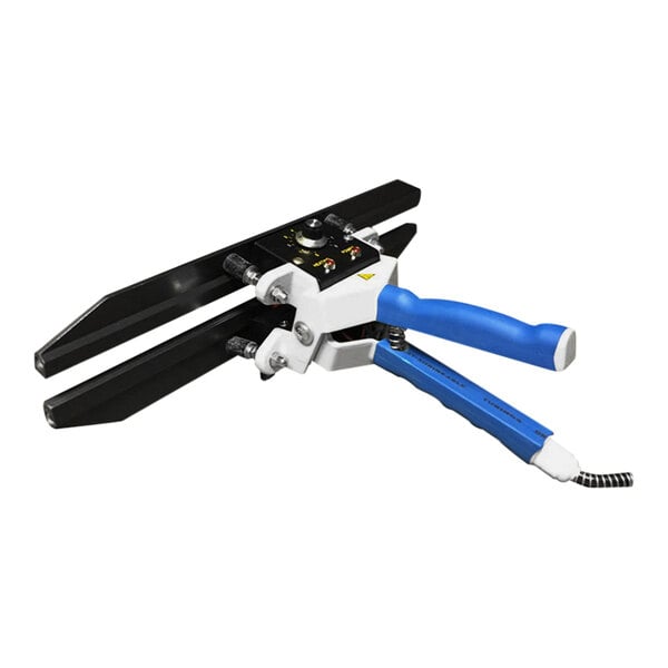 A blue and white Sealer Sales portable direct heat sealer with black accents.