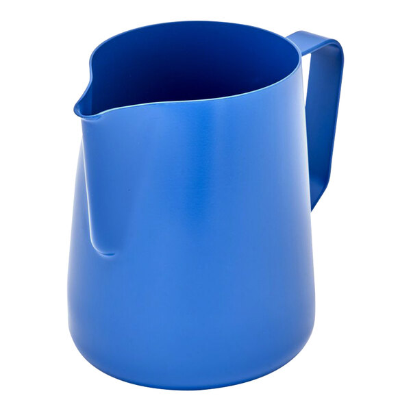 A Rhino Coffee Gear blue milk pitcher with a handle.