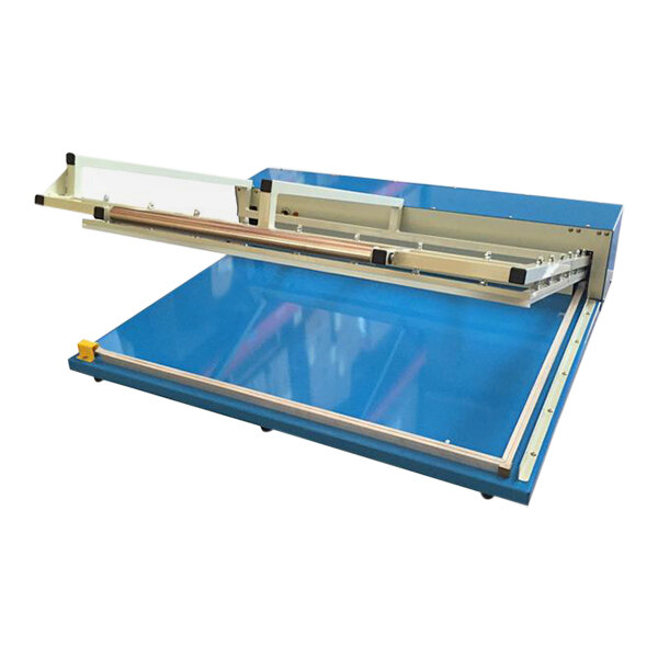 A blue and white Sealer Sales L-Bar Sealer with work table.