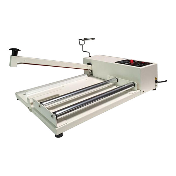 A white Sealer Sales I-Bar machine with a black lever and a film roller.