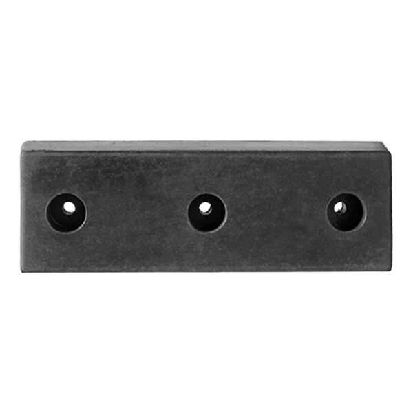 A close-up of a black rectangular rubber dock bumper with holes.