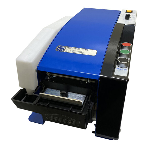 A blue and black Sealer Sales electric gummed kraft tape dispenser with a white tray and buttons.