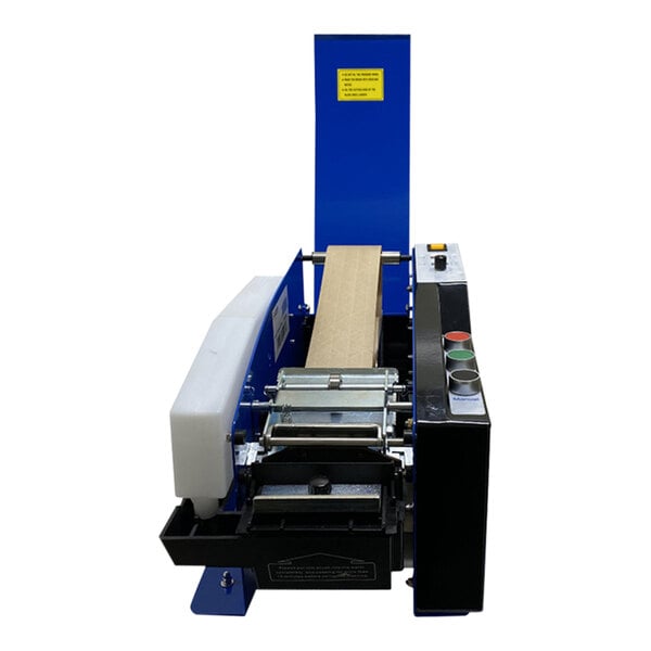 A Sealer Sales electric gummed Kraft tape dispenser with a blue and black box.