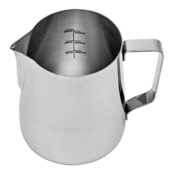 A silver stainless steel Rhino Coffee Gear milk pitcher with a handle.