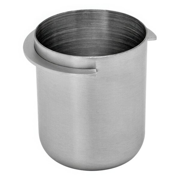 A silver stainless steel Rhino Coffee Gear short dosing cup with a handle.