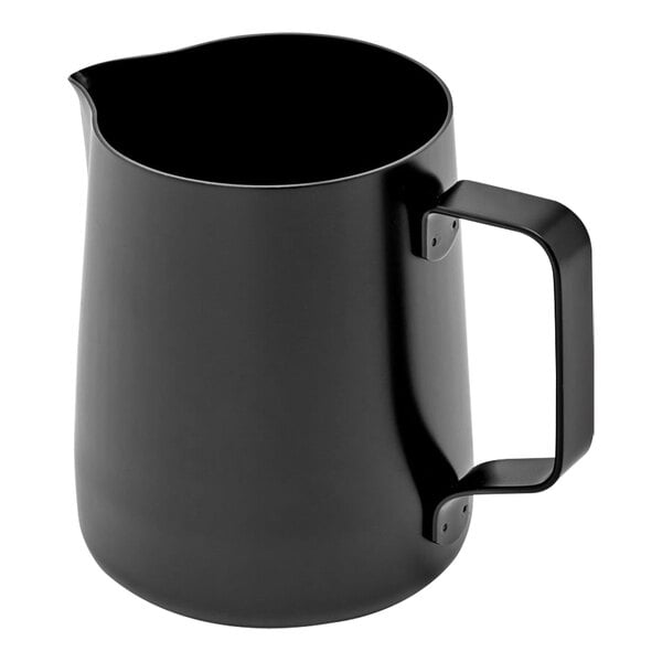 A black Rhino Coffee Gear milk pitcher with a handle.