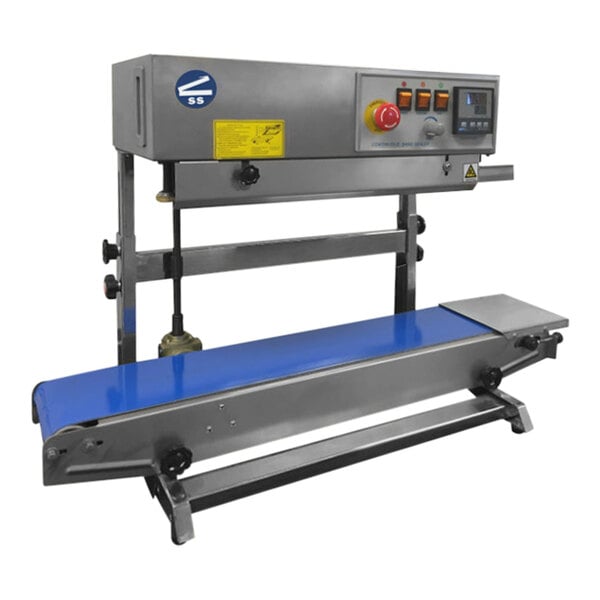 A Sealer Sales vertical band sealer with a blue belt.