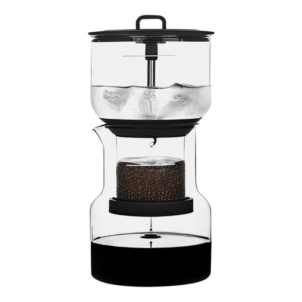 A Bruer black coffee maker with a black base and glass top.