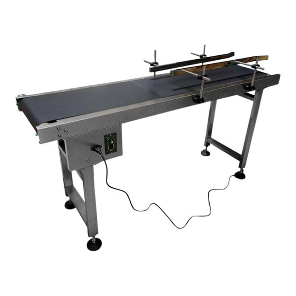 A Sealer Sales powered belt conveyor with adjustable guides on a metal frame.
