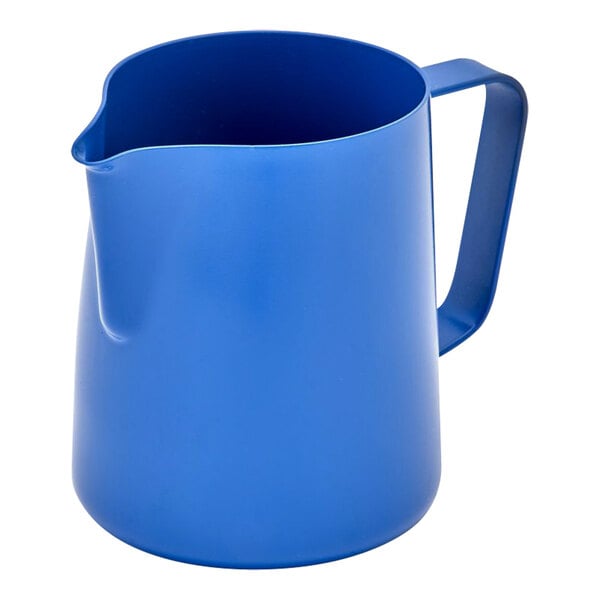 A close-up of a Rhino Coffee Gear blue milk pitcher with a handle.