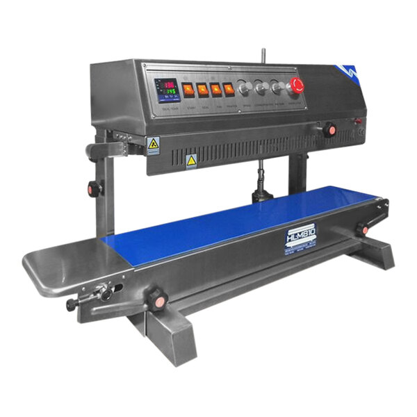 A Sealer Sales semi-automatic band sealer with buttons and a blue surface.