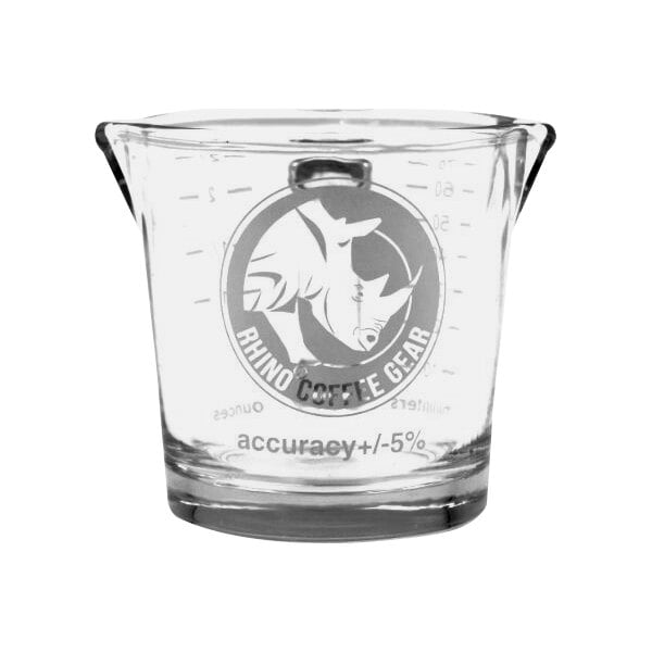 A clear glass beaker with a rhinoceros logo.