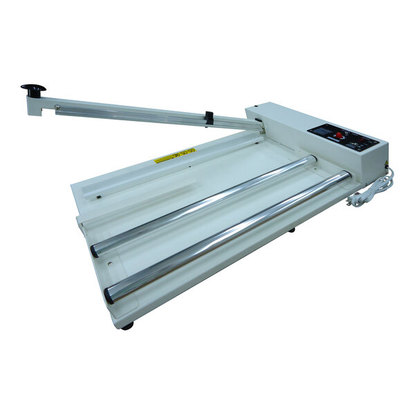 A white Sealer Sales I-Bar sealer with a black button and a sliding cutter.