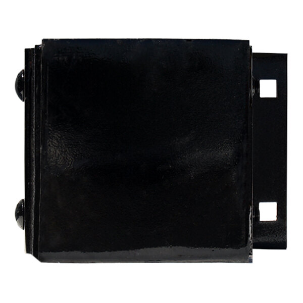 A black rectangular steel-faced dock bumper with a white border.