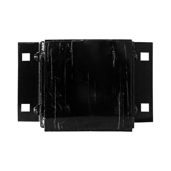 A black rectangular steel dock bumper with two holes on it.