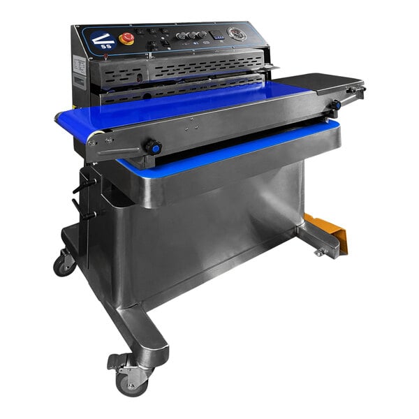 A blue and black Sealer Sales band sealer with wheels.