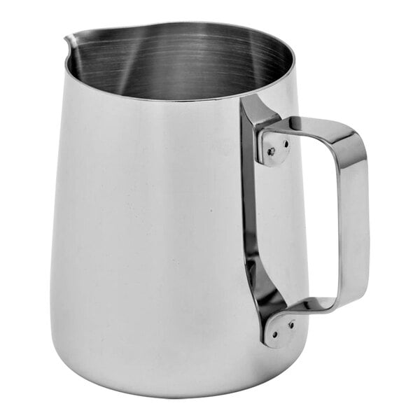 A Rhino Coffee Gear stainless steel milk pitcher with a handle.