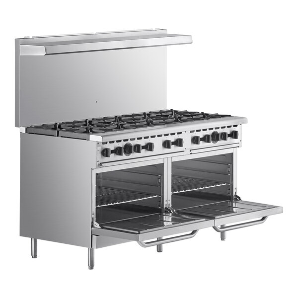 A stainless steel Wolf commercial gas range with 10 burners and 2 standard ovens.