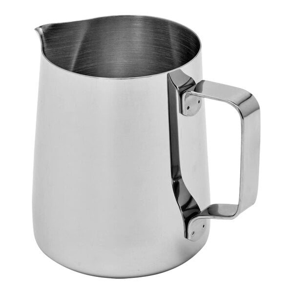 A Rhino Coffee Gear stainless steel milk pitcher with a handle.