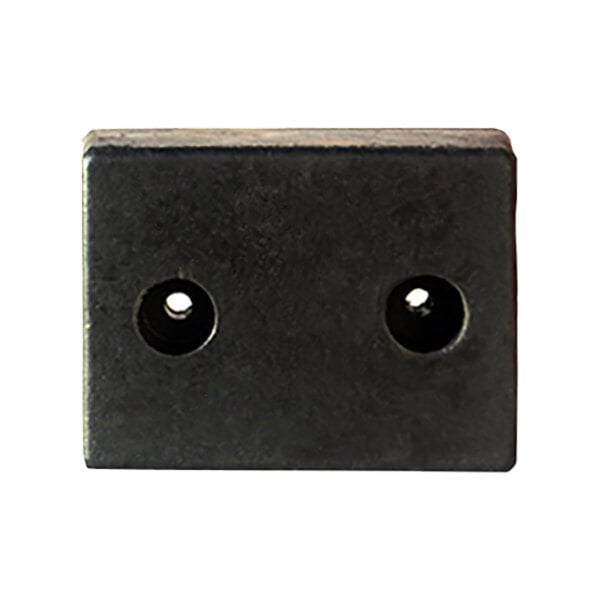 A black rectangular molded rubber dock bumper with two holes.