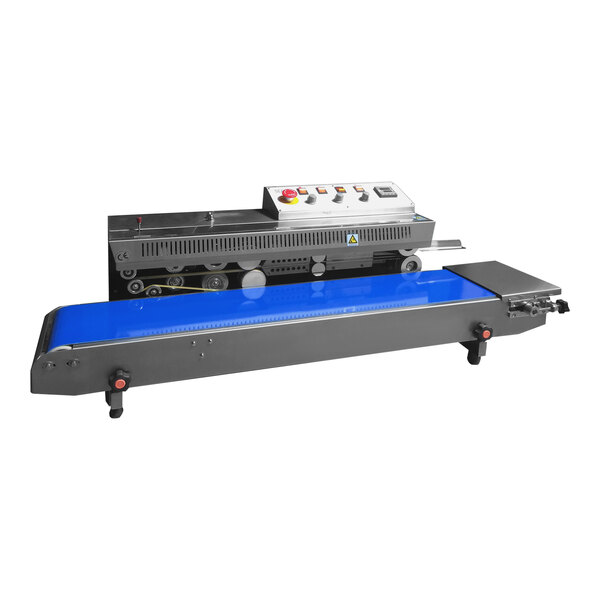A close-up of a Sealer Sales band sealer with a blue belt.