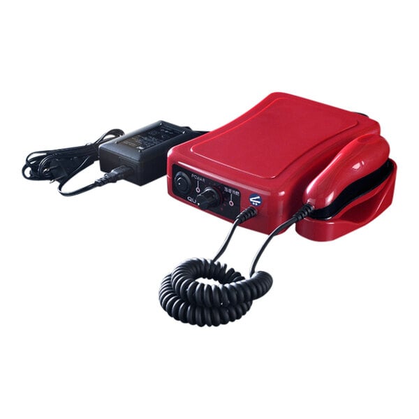 A close up of a black and red Sealer Sales Ultrasonic Clamshell Sealer.