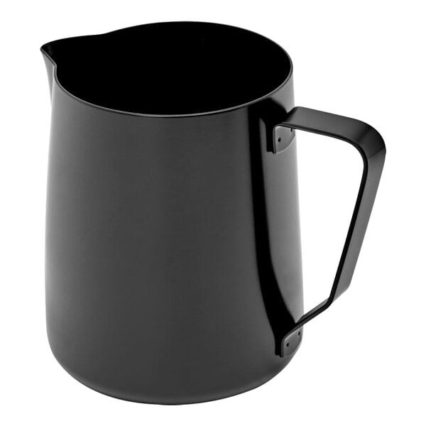 A black Rhino Coffee Gear milk pitcher with a handle.