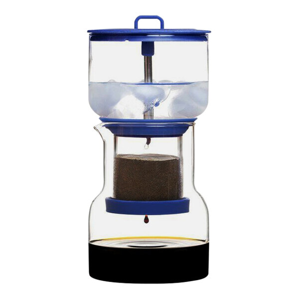 A Bruer cold brew coffee maker with a blue base and glass container.