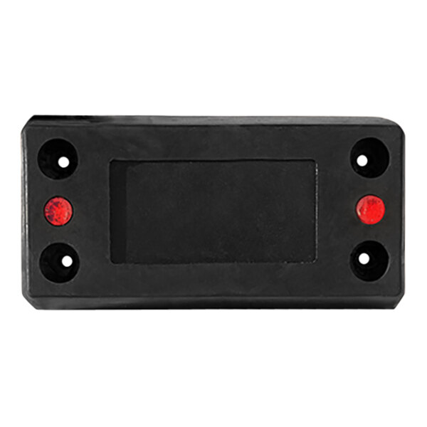 A black rectangular molded rubber dock bumper with a white border.